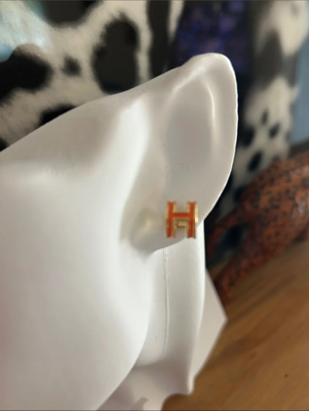 Orange H Stud Earrings Gold Tone Enamel Designer Inspired (NWOT)